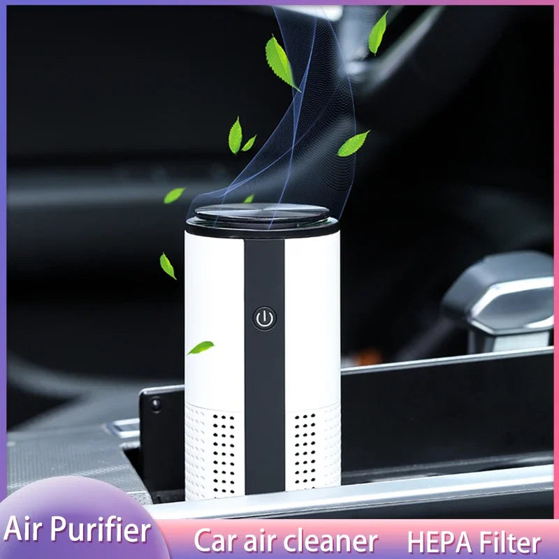 Negative Ion Air Purifier in white and dark blue, showcasing its sleek design and portable features.