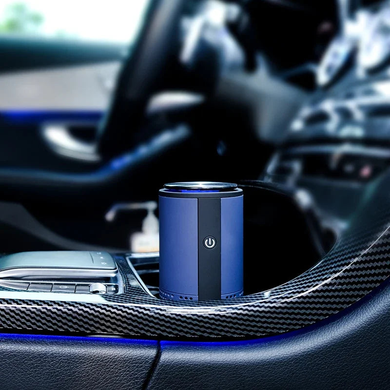 Negative Ion Air Purifier in white and dark blue, showcasing its sleek design and portable features.