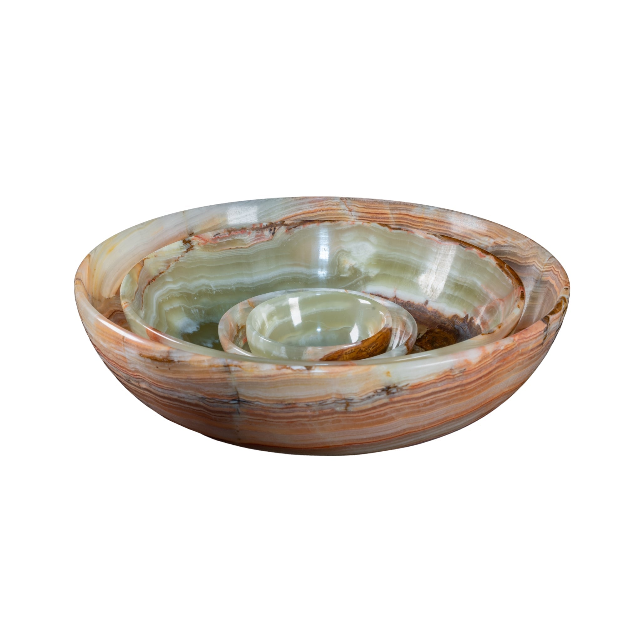 Elegante Onyx Kristall Schale aus Himalaya Onyx, handgefertigt mit einzigartigen Mustern und polierter Oberfläche, ideal für Schmuck oder Dekoration.