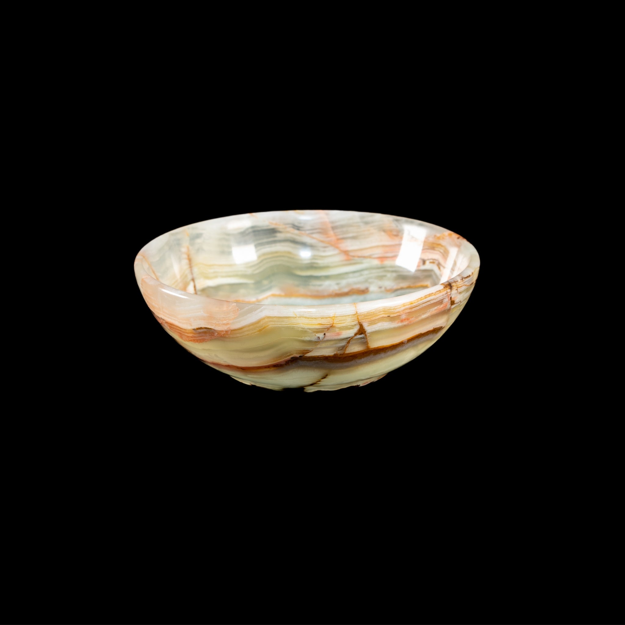 Elegante Onyx Kristall Schale aus Himalaya Onyx, handgefertigt mit einzigartigen Mustern und polierter Oberfläche, ideal für Schmuck oder Dekoration.