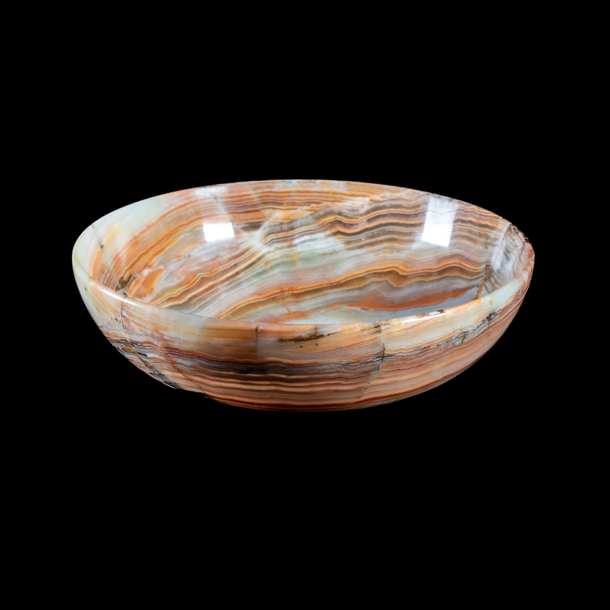 Elegante Onyx Kristall Schale aus Himalaya Onyx, handgefertigt mit einzigartigen Mustern und polierter Oberfläche, ideal für Schmuck oder Dekoration.