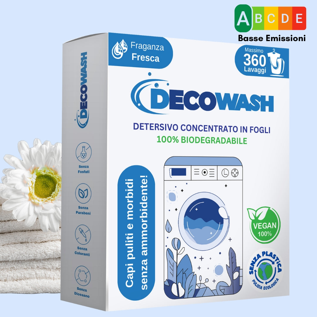 Pacco da 360 Lavaggi Decowash, detergente ecologico in fogli, con imballaggio biodegradabile e design moderno.