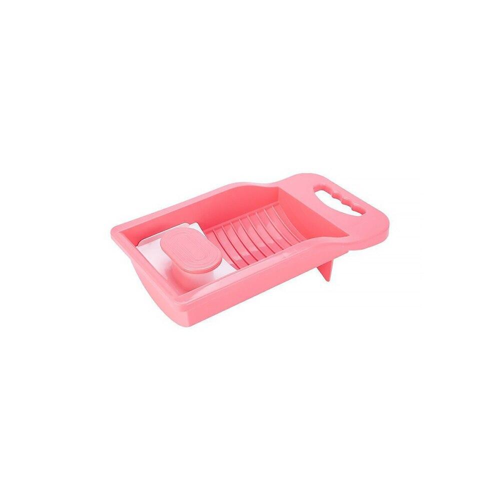Plastic washing board in pink and blue colors, designed for effective laundry cleaning with ridged surface and anti-slip handle.
