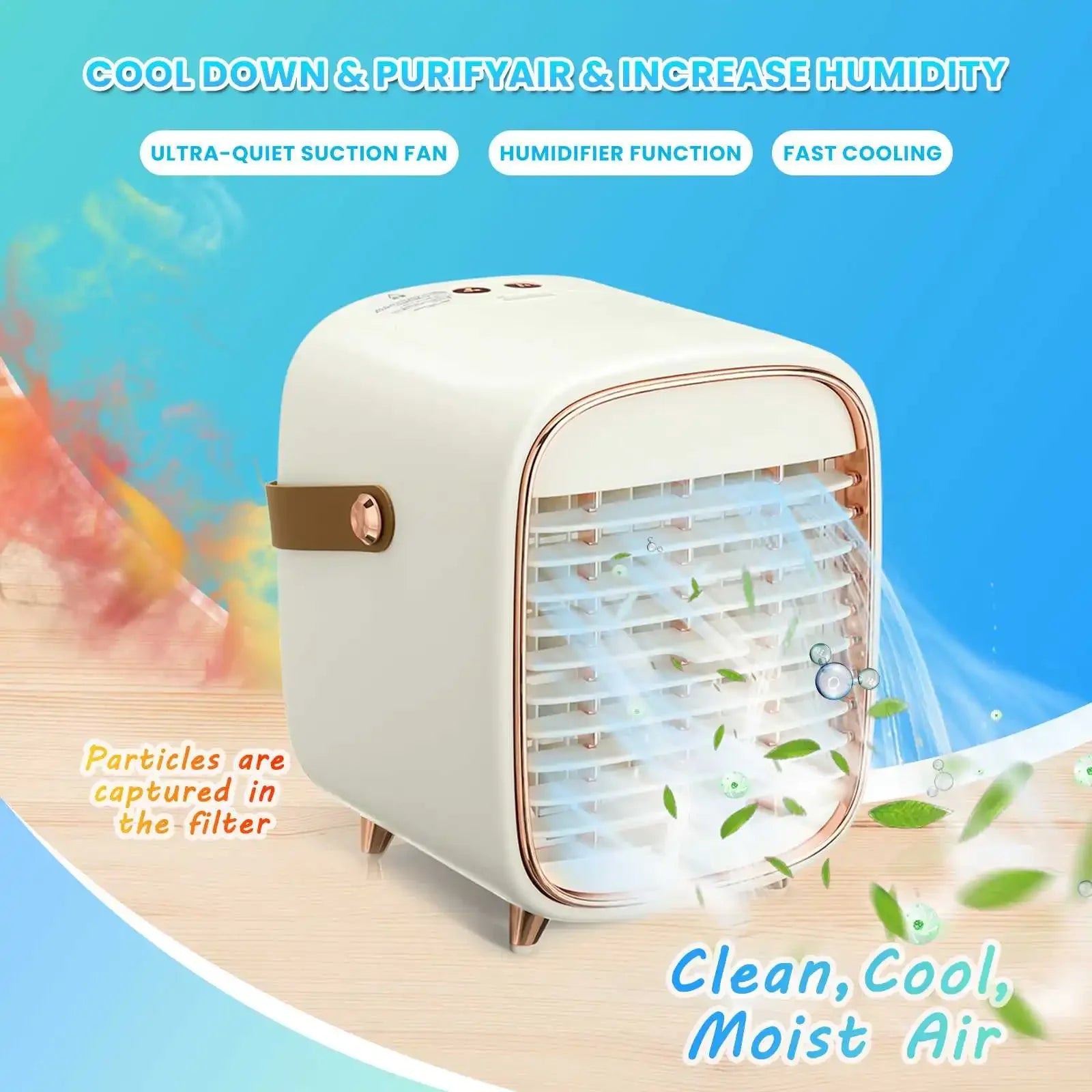 Portable Mini Air Conditioner USB Air Cooler Fan with adjustable wind speeds and atomization feature, designed for personal cooling.