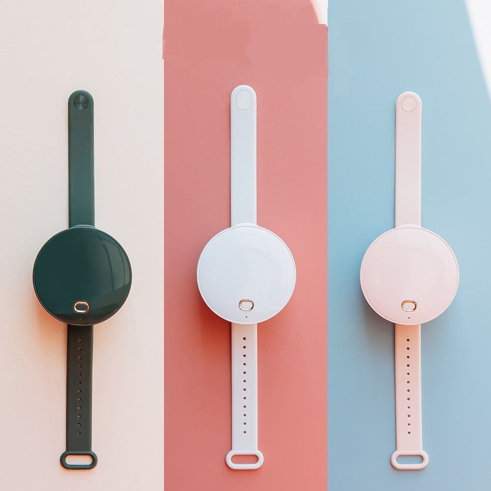 Portable Wrist Fan Mirror with leafless design, USB rechargeable, and adjustable speed settings, perfect for summer use.