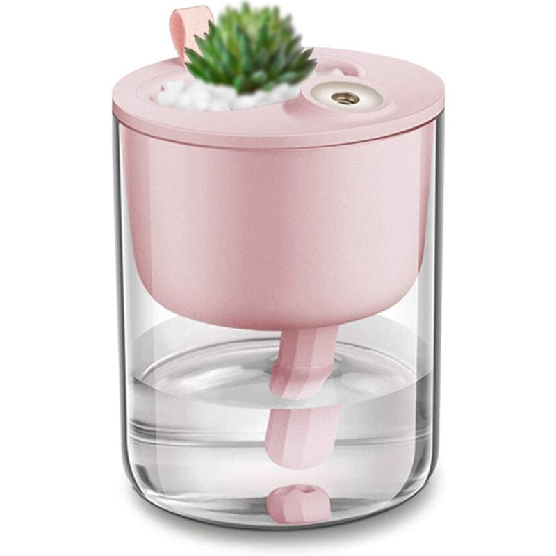 Quiet Mini Humidifier in pink and white, showcasing its compact bottle design and LED night light feature, perfect for home and office use.
