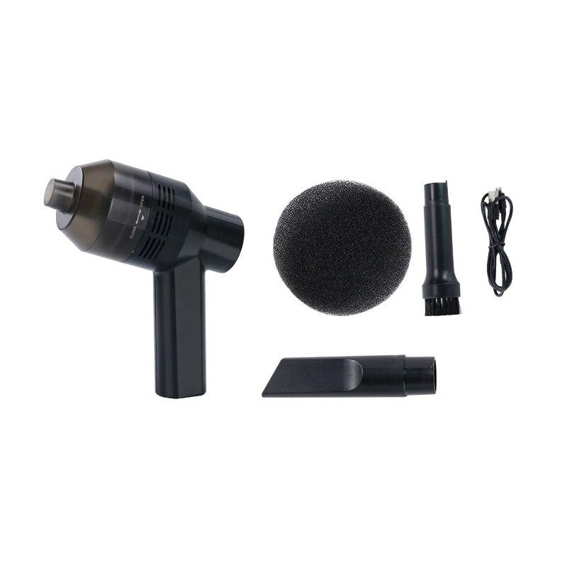 A sleek black rechargeable mini cordless vacuum cleaner with multiple nozzles, designed for efficient cleaning of keyboards and small spaces.