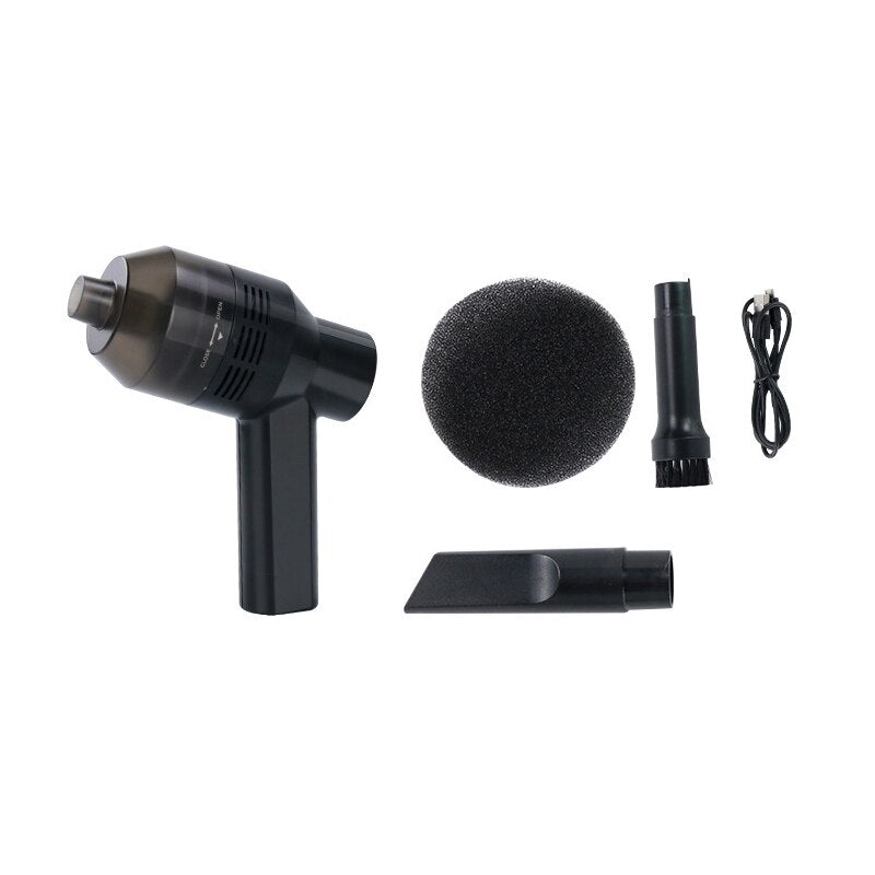 A sleek black rechargeable mini cordless vacuum cleaner with multiple nozzles, designed for efficient cleaning of keyboards and small spaces.