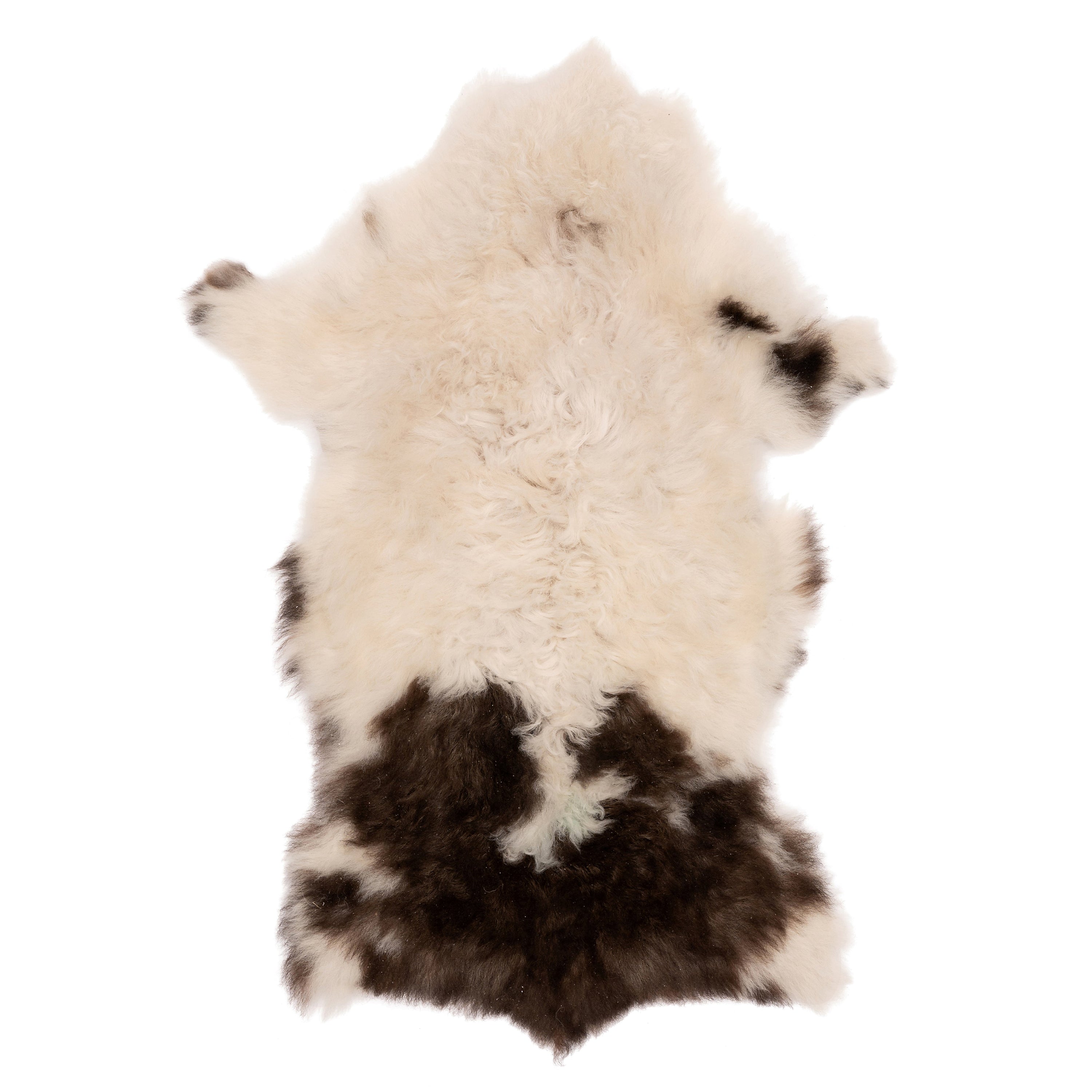 Unieke bruin-witte schapenvacht van 90 x 50 cm, zacht en wollig, perfect voor decoratie en comfort in huis en tuin.
