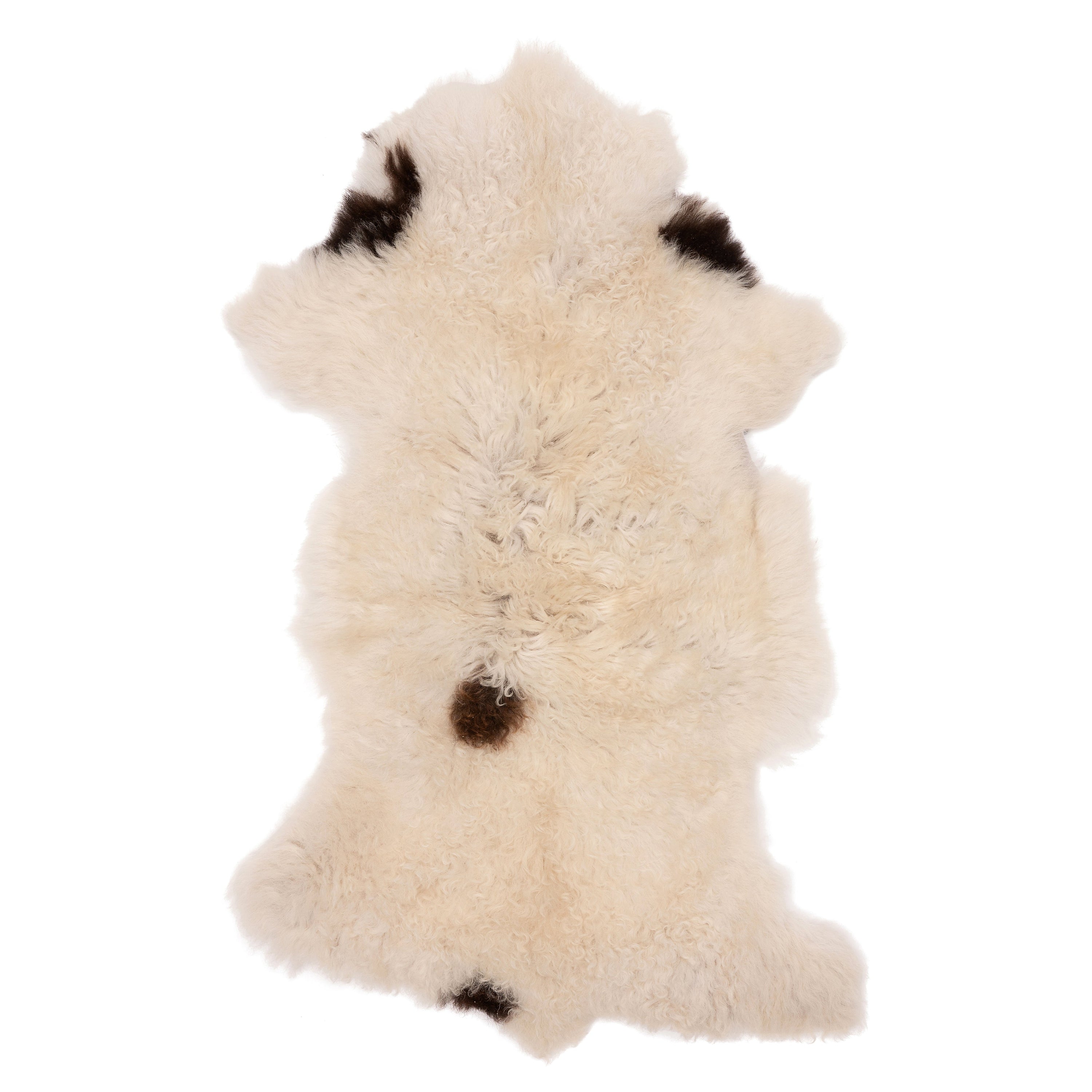 Unieke schapenvacht in wit-bruin, 90 x 50 cm, met een zachte en wollige textuur, perfect voor decoratie en comfort.