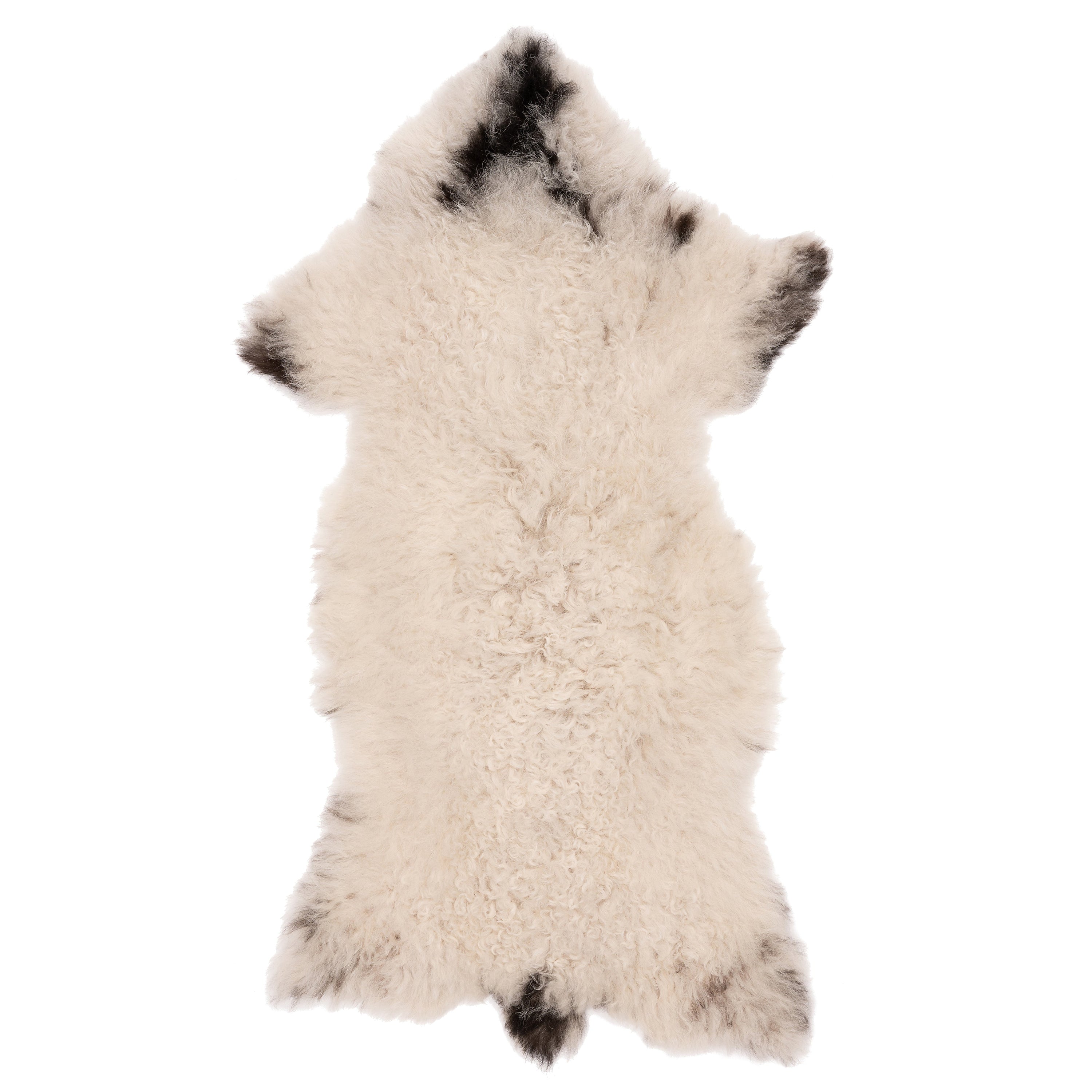 Unieke schapenvacht in wit-bruin, 90 x 50 cm, met een volle, wollige uitstraling, perfect voor decoratie en comfort.