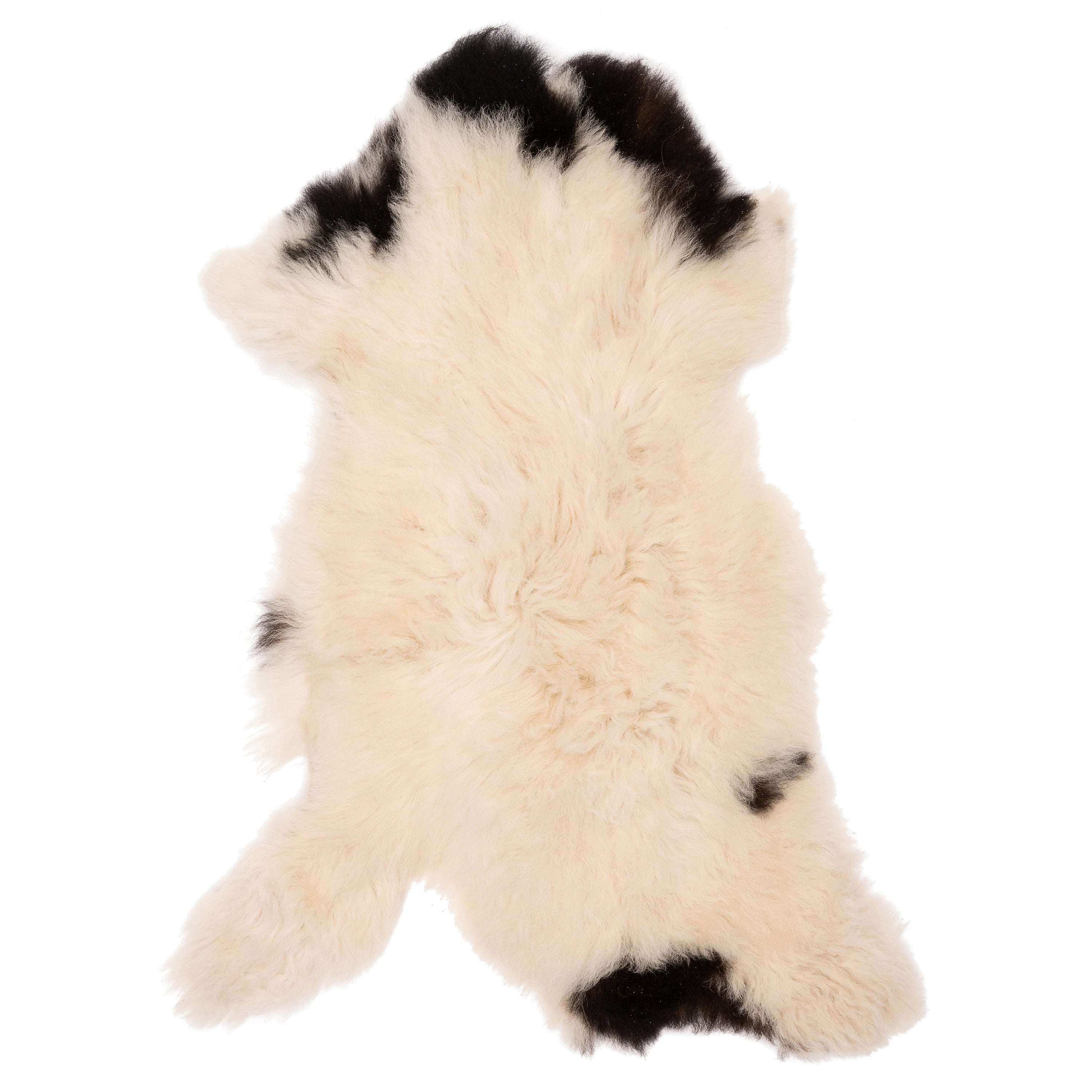 Unieke zwart-witte schapenvacht van 90 x 50 cm, zacht en wollig, perfect voor decoratie in huis en tuin.