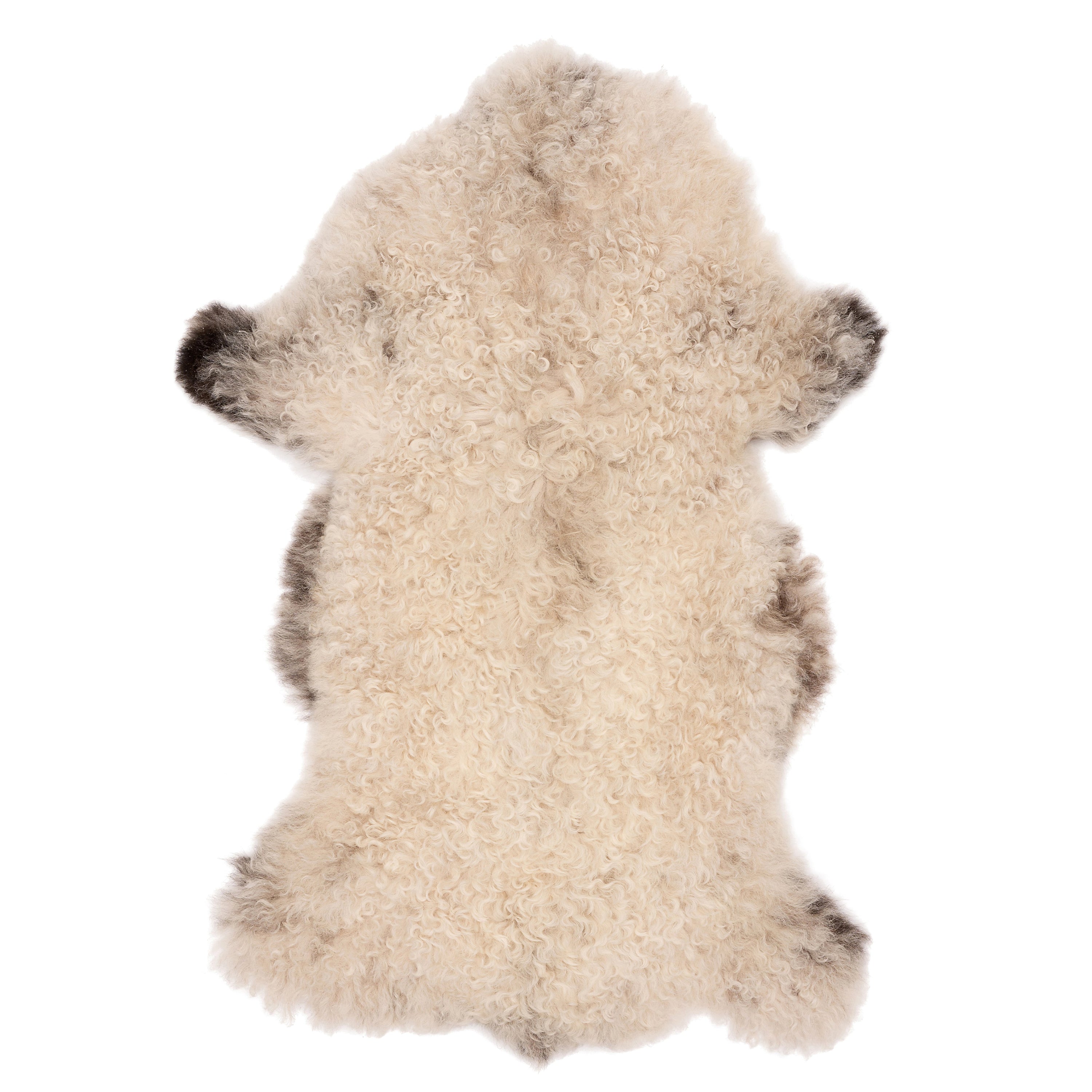 Unieke schapenvacht in wit-bruin, 90 x 50 cm, met een zachte en wollige textuur, perfect voor decoratie en comfort.