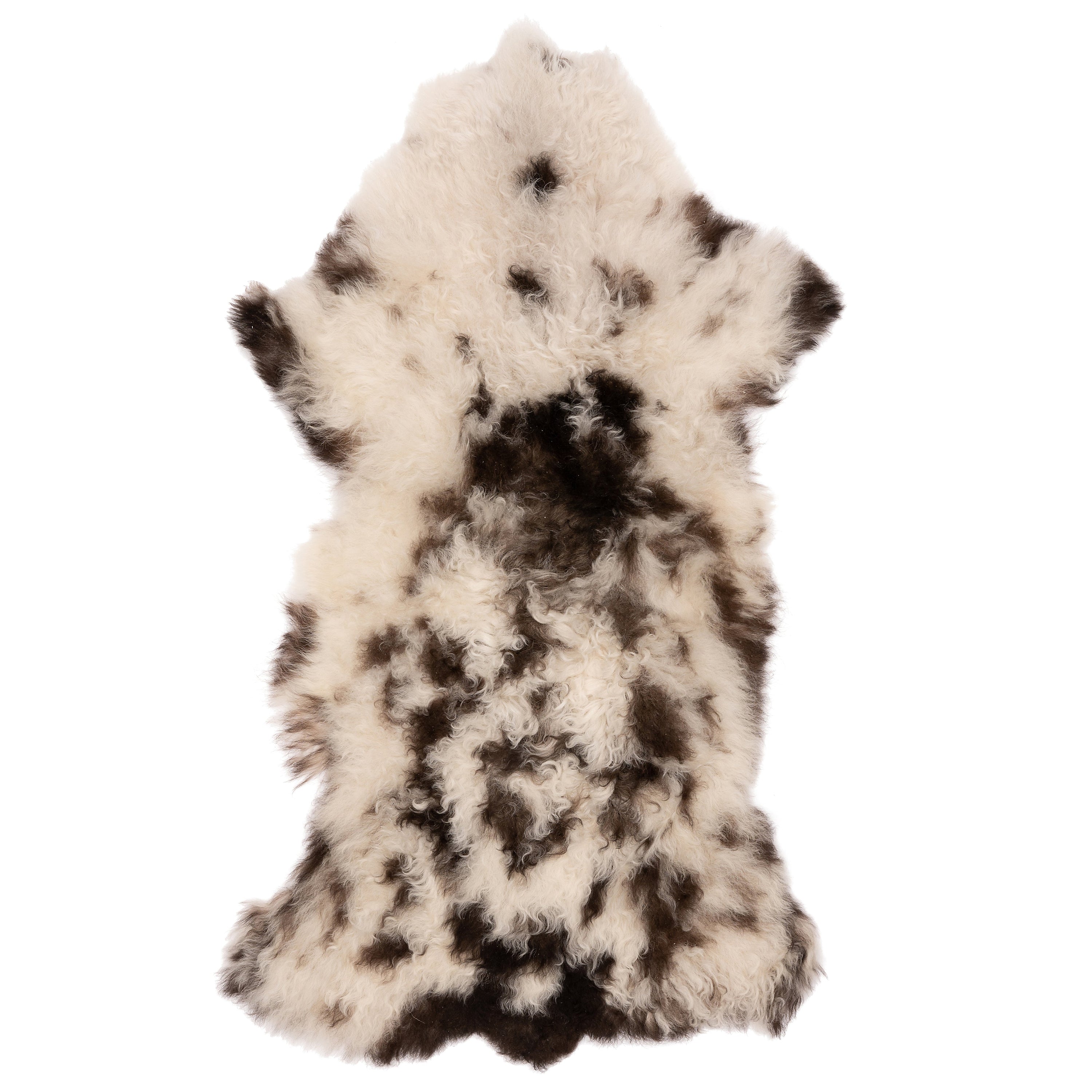 Unieke bruin-witte schapenvacht van 90 x 50 cm, zacht en wollig, perfect voor decoratie en comfort in huis en tuin.