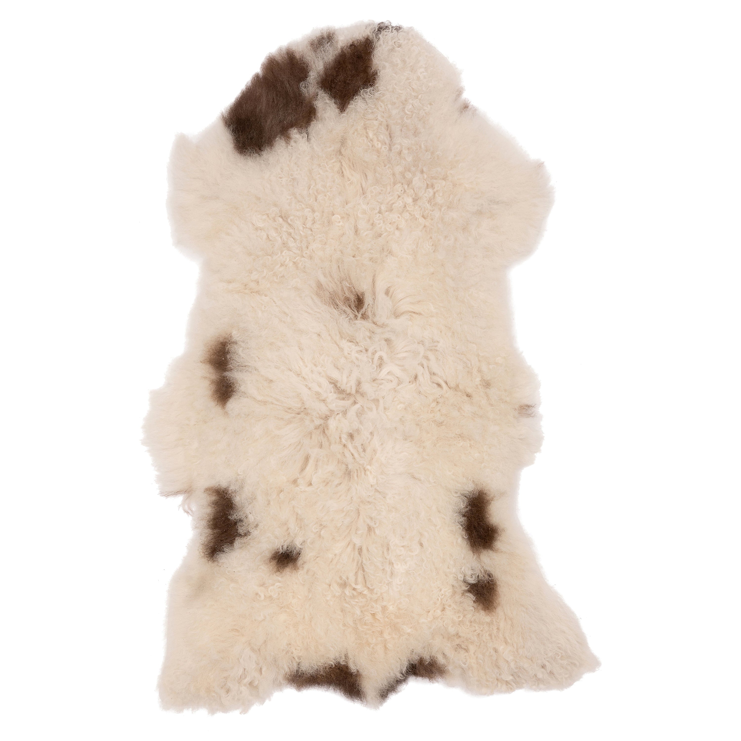 Unieke schapenvacht in wit-bruin, 90 x 50 cm, met een zachte en wollige textuur, perfect voor decoratie en comfort.