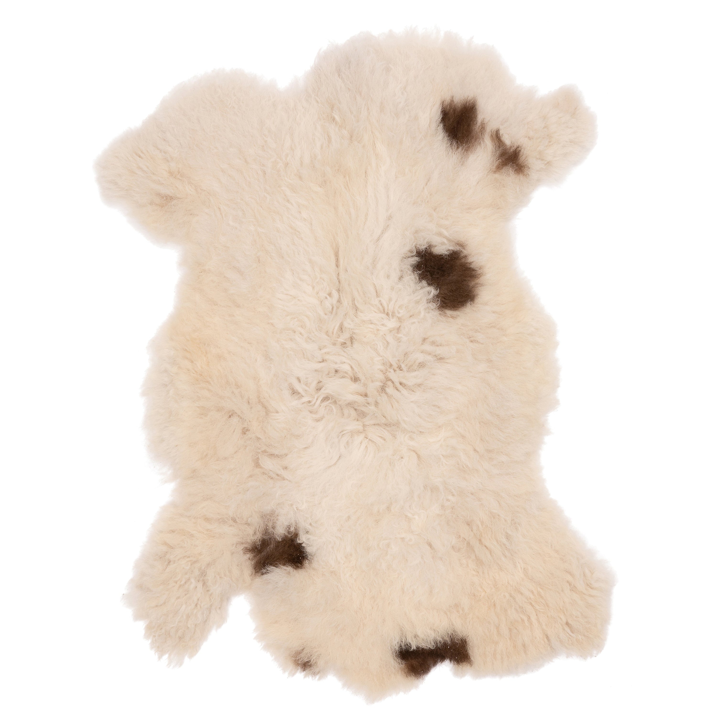 Unieke bruin-witte schapenvacht van 90 x 50 cm, zacht en wollig, perfect voor decoratie en comfort in huis.