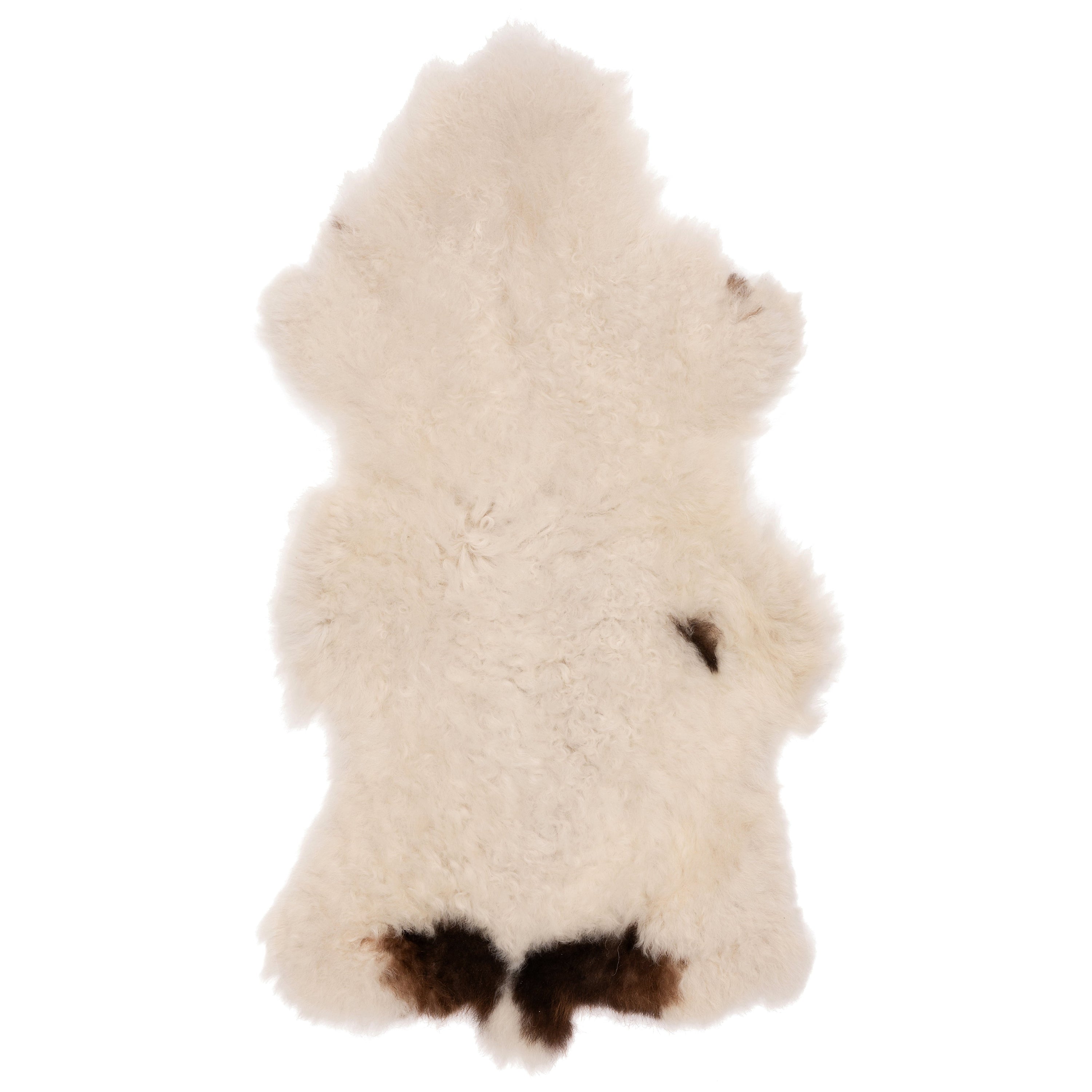 Unieke schapenvacht in wit-bruin, 90 x 50 cm, met een volle, wollige uitstraling, perfect voor interieurdecoratie.
