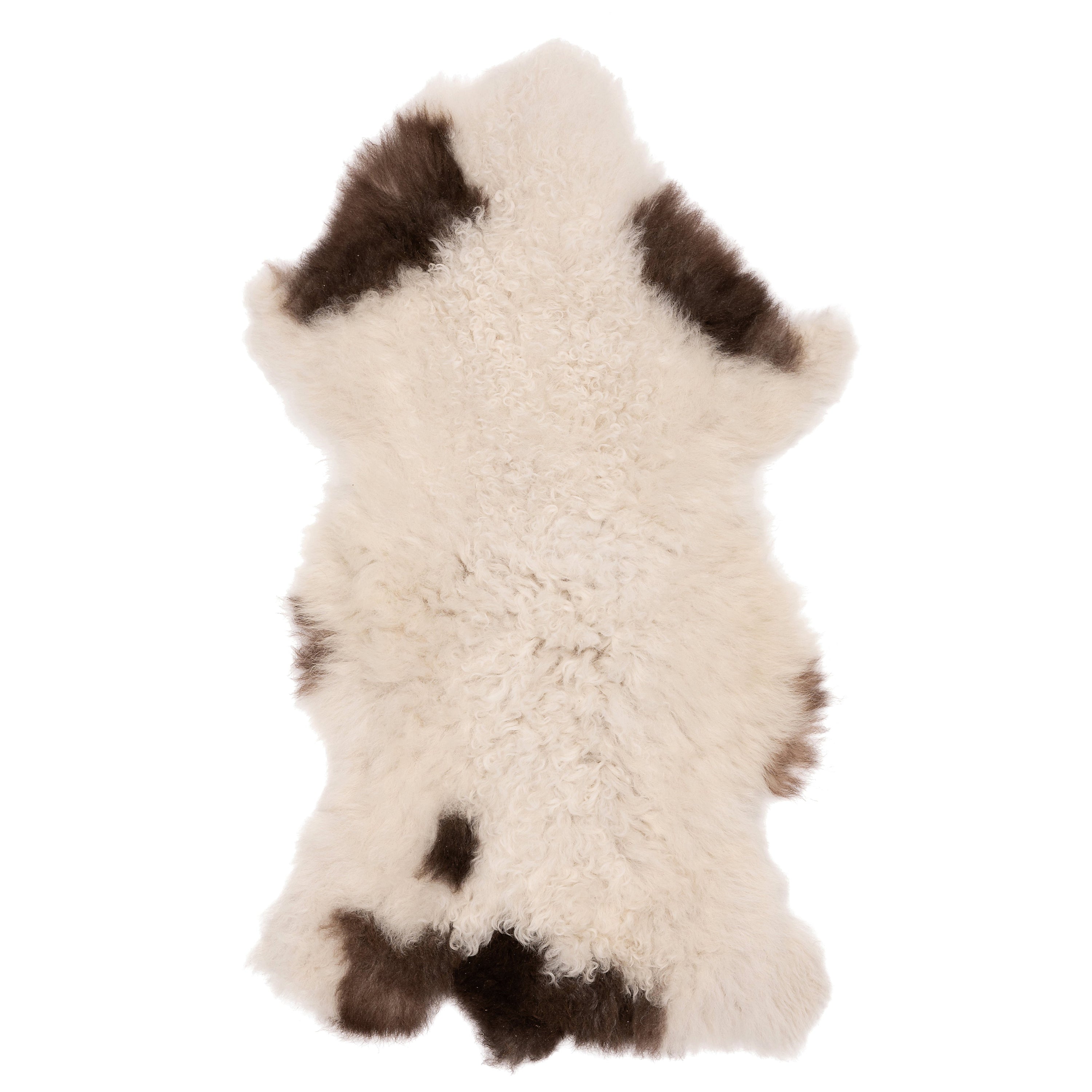 S252 unieke schapenvacht in wit-bruin, 90 x 50 cm, met een zachte, wollige textuur, perfect voor decoratie en comfort.