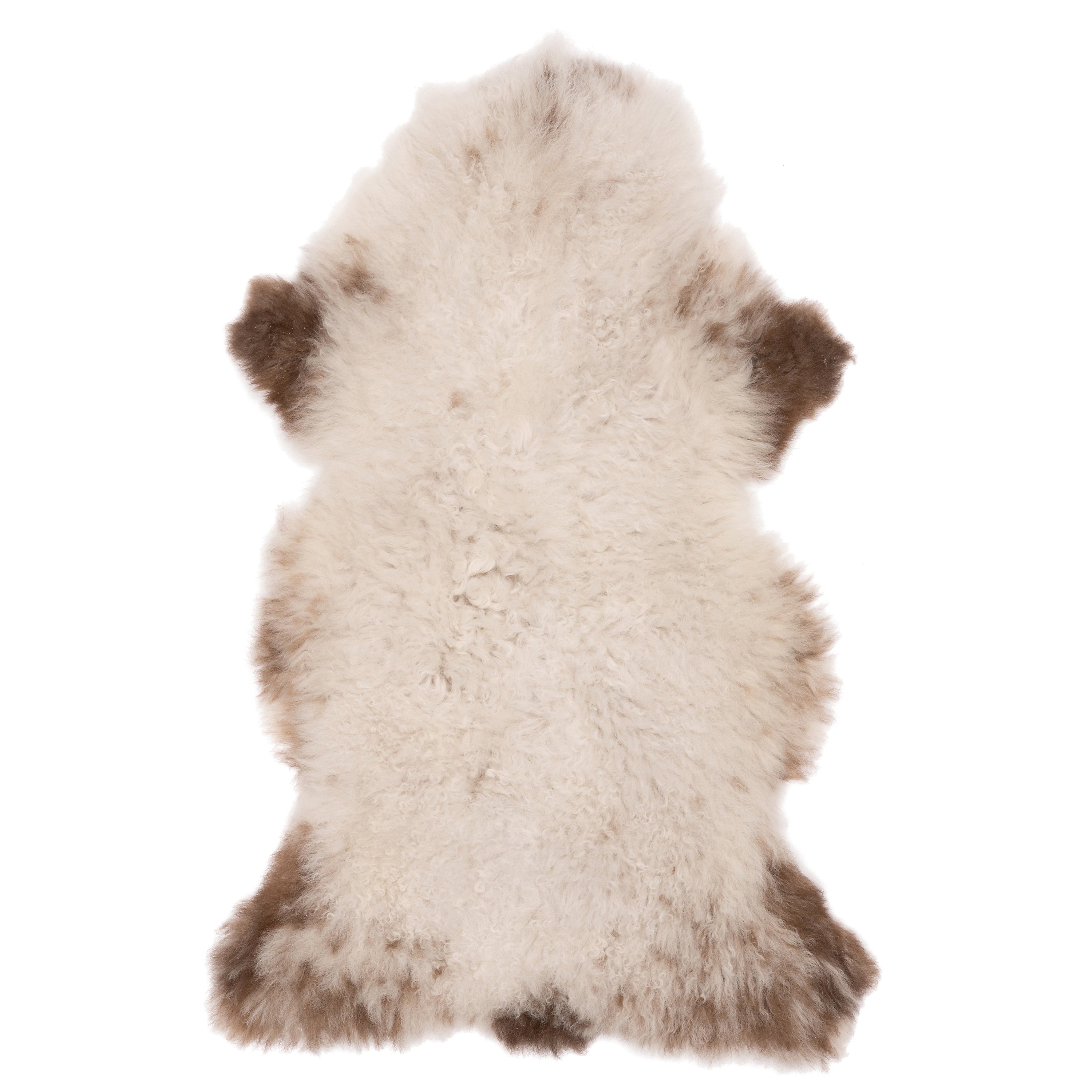 Unieke bruin-witte schapenvacht van 90 x 50 cm, zacht en wollig, perfect voor decoratie en comfort.