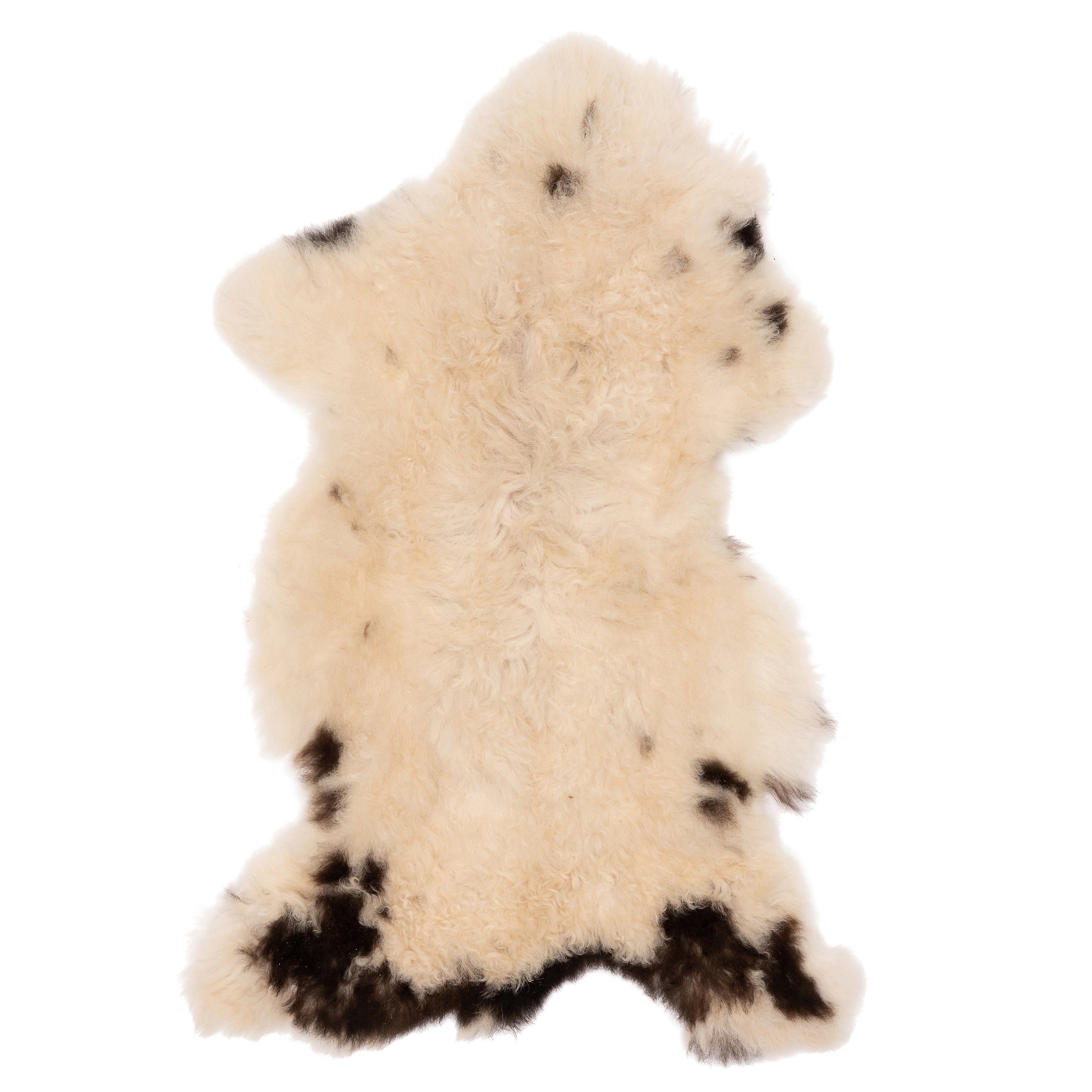 Unieke bruin-witte schapenvacht van 90 x 50 cm, zacht en wollig, perfect voor interieurdecoratie.