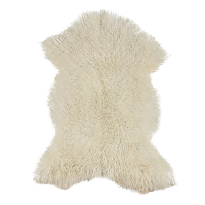 Natuurlijke schapenvacht in wit, 100 x 65 cm, met een zachte en wollige textuur, perfect voor decoratie en comfort.
