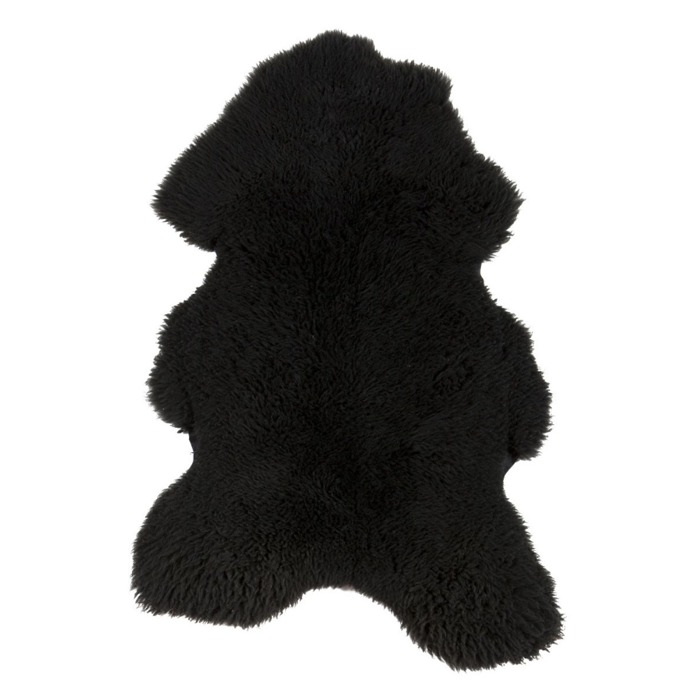 Natuurlijk zwart schapenvacht van 100 x 65 cm, zacht en wollig, perfect voor decoratie en comfort in huis en tuin.