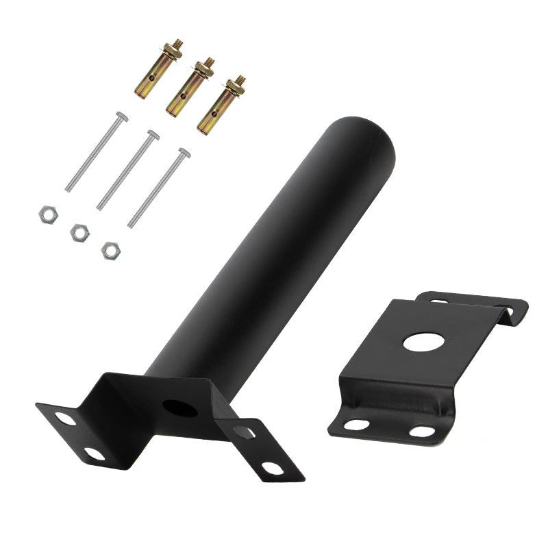 Solar street light mounting bracket with a 1.9-inch diameter, featuring a matte black powder coating for weather resistance.