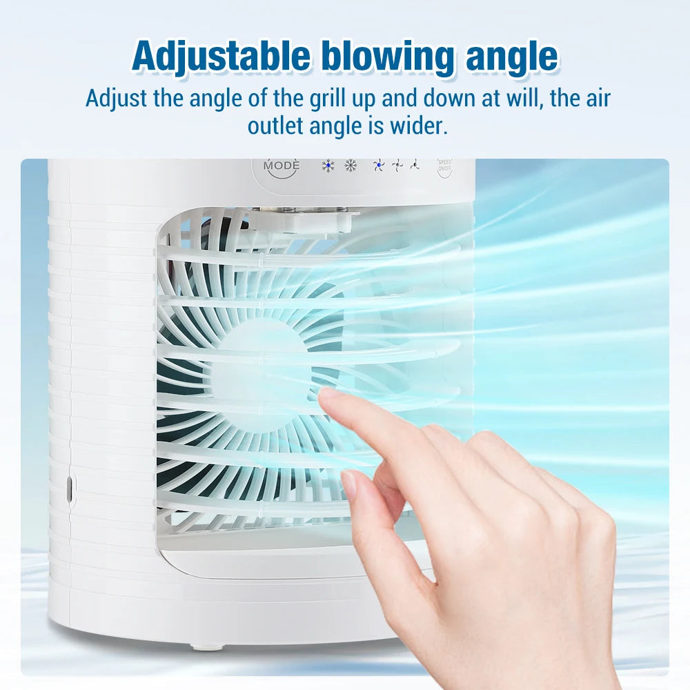 A compact white Spray Cooling Fan with a water tank, designed for desktop use, featuring a sleek design and ambient lighting.