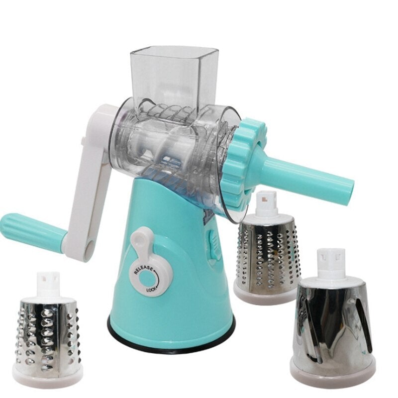 Stainless Steel Sausage Stuffer Filler Mincer Meat Grinder with three stainless steel blades and a blue silicone chassis, designed for easy sausage making.