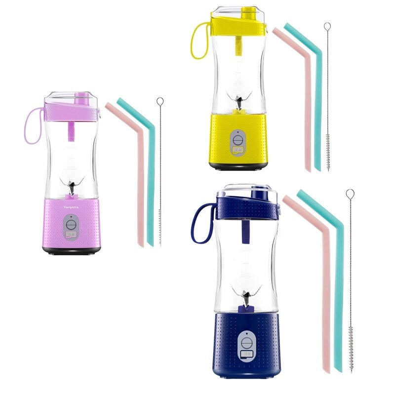 USB Electric Fruit Juicer Blender in vibrant colors with detachable cup and silicone straws, showcasing its portable design and modern features.