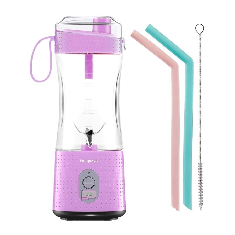 USB Electric Fruit Juicer Blender in vibrant colors with detachable cup and silicone straws, showcasing its portable design and modern features.