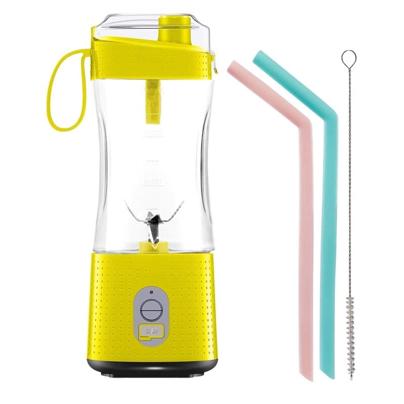 USB Electric Fruit Juicer Blender in vibrant colors with detachable cup and silicone straws, showcasing its portable design and modern features.