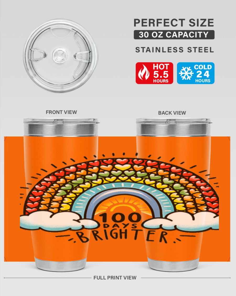 100 Days Brighter PNG tumbler featuring a vibrant design, made from double wall vacuum stainless steel, available in 20oz and 30oz sizes.