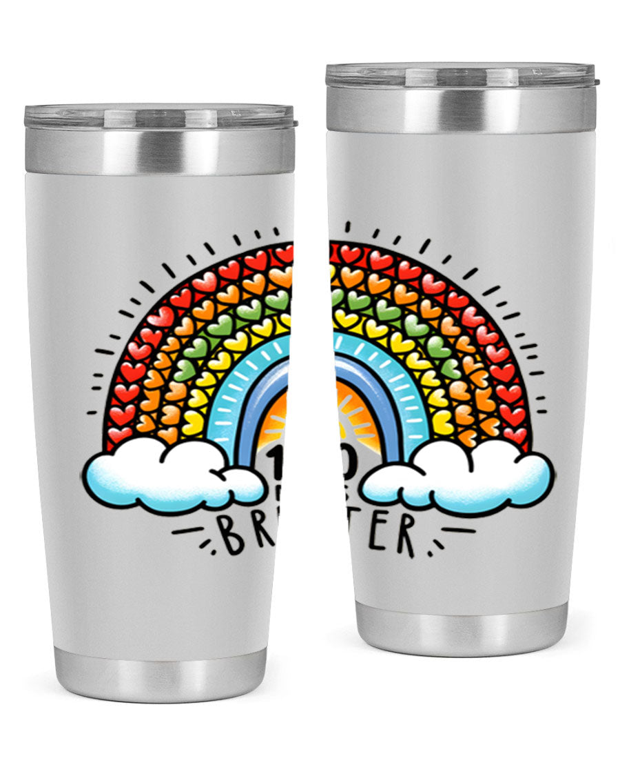 100 Days Brighter PNG tumbler featuring a vibrant design, made from double wall vacuum stainless steel, available in 20oz and 30oz sizes.