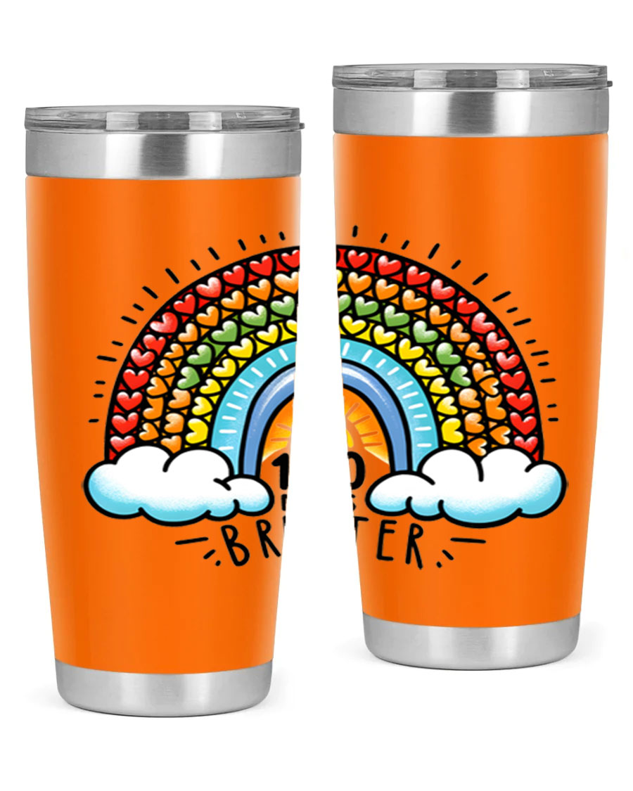 100 Days Brighter PNG tumbler featuring a vibrant design, made from double wall vacuum stainless steel, available in 20oz and 30oz sizes.