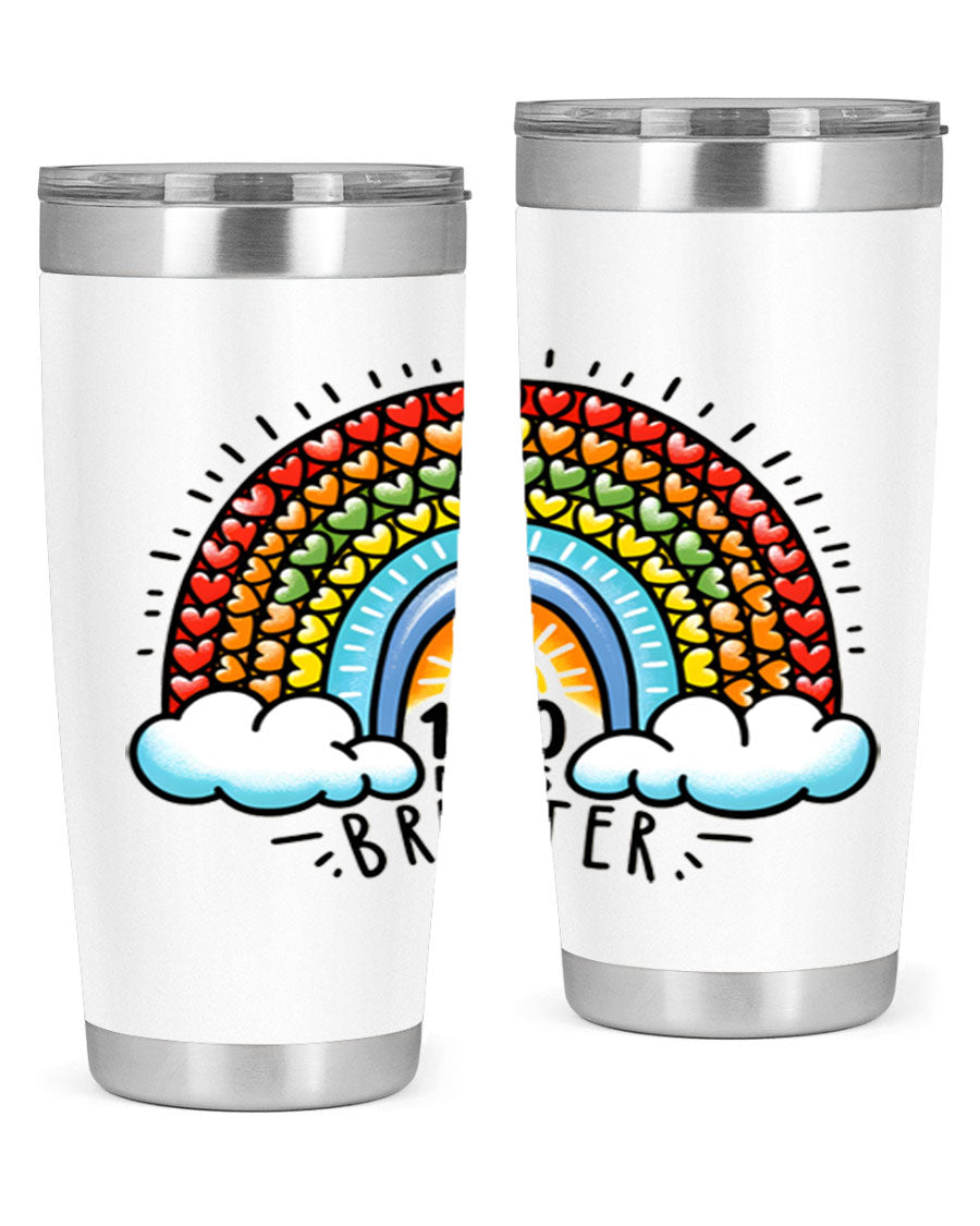 100 Days Brighter PNG tumbler featuring a vibrant design, made from double wall vacuum stainless steel, available in 20oz and 30oz sizes.