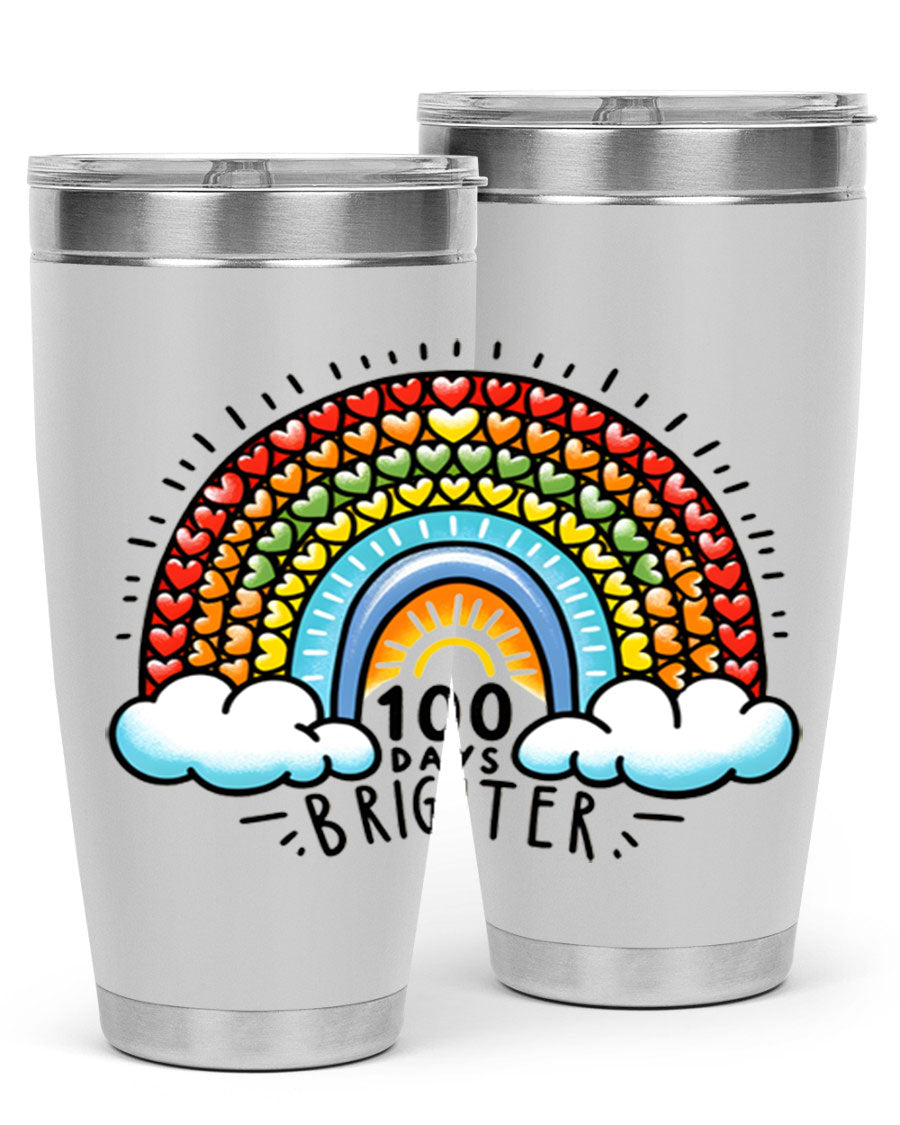 100 Days Brighter PNG tumbler featuring a vibrant design, made from double wall vacuum stainless steel, available in 20oz and 30oz sizes.
