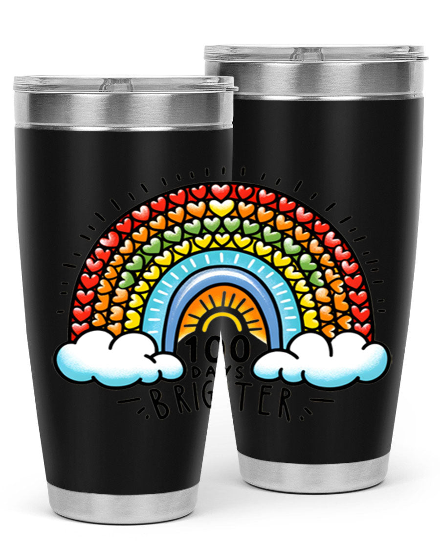 100 Days Brighter PNG tumbler featuring a vibrant design, made from double wall vacuum stainless steel, available in 20oz and 30oz sizes.