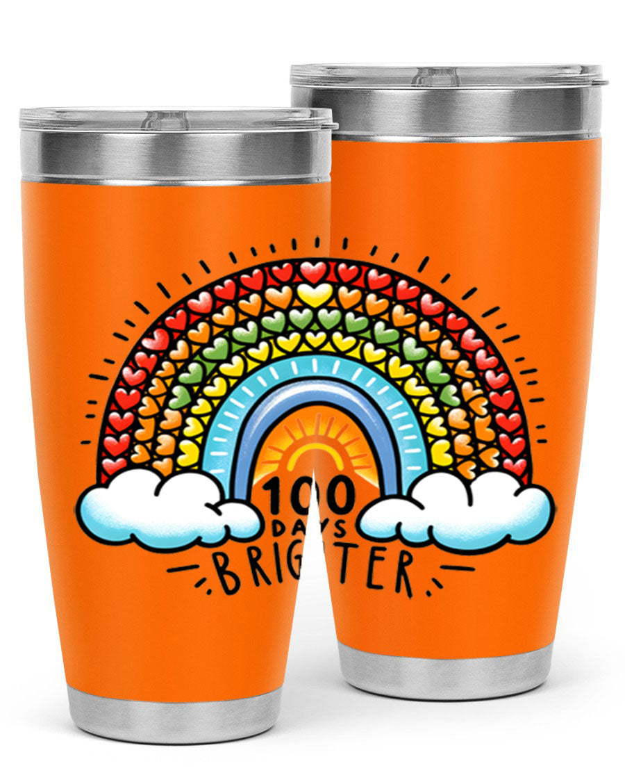 100 Days Brighter PNG tumbler featuring a vibrant design, made from double wall vacuum stainless steel, available in 20oz and 30oz sizes.