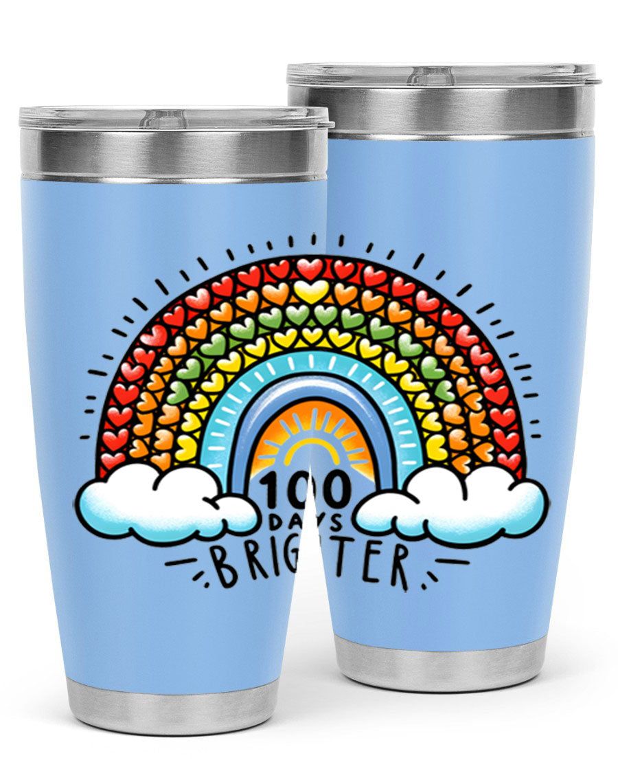100 Days Brighter PNG tumbler featuring a vibrant design, made from double wall vacuum stainless steel, available in 20oz and 30oz sizes.