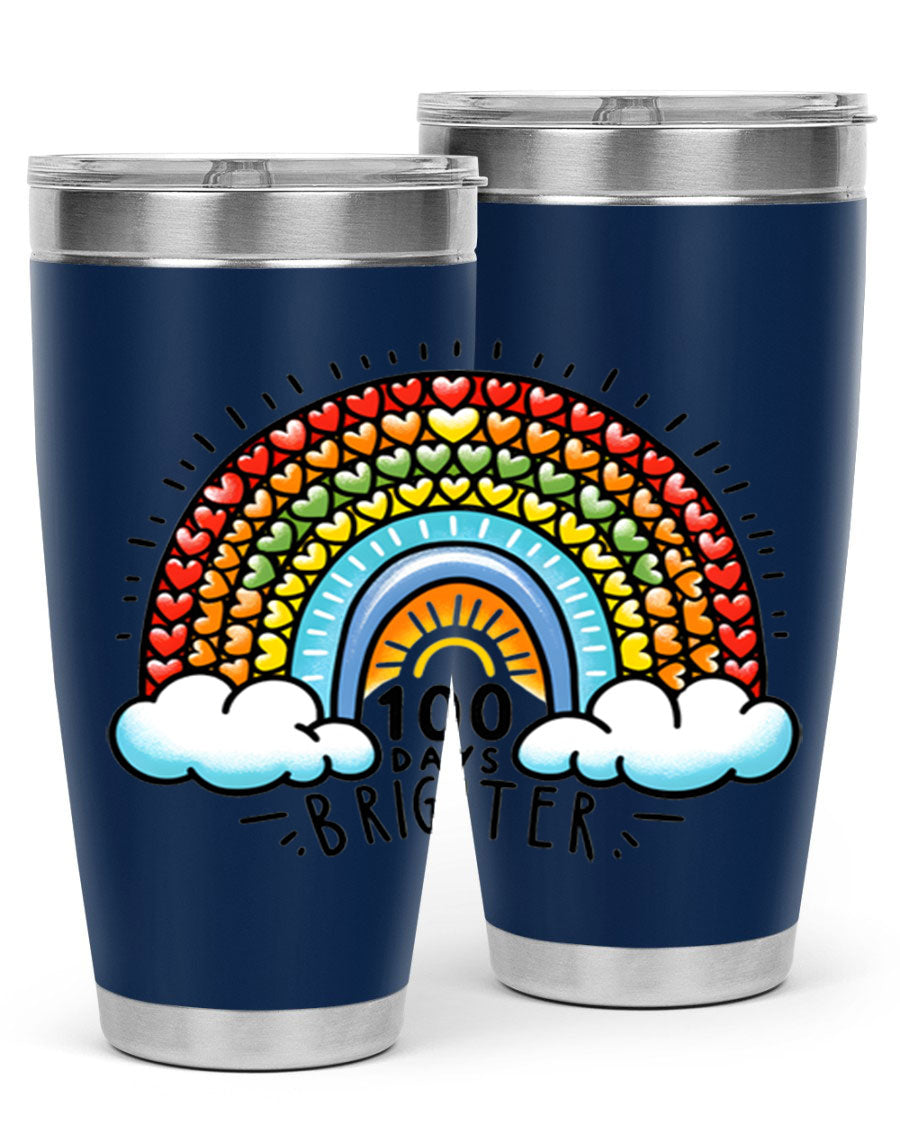 100 Days Brighter PNG tumbler featuring a vibrant design, made from double wall vacuum stainless steel, available in 20oz and 30oz sizes.
