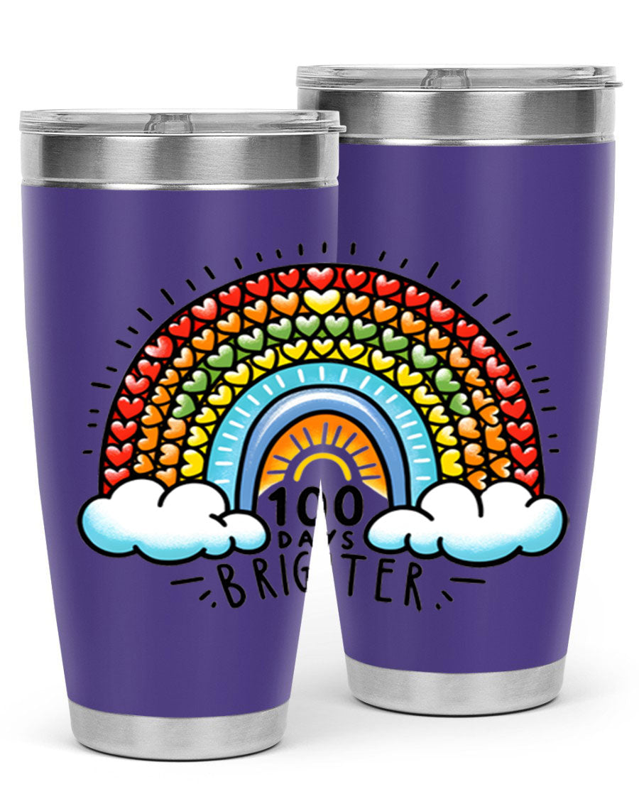 100 Days Brighter PNG tumbler featuring a vibrant design, made from double wall vacuum stainless steel, available in 20oz and 30oz sizes.