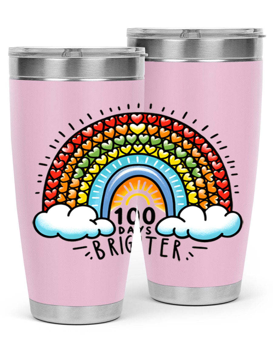 100 Days Brighter PNG tumbler featuring a vibrant design, made from double wall vacuum stainless steel, available in 20oz and 30oz sizes.
