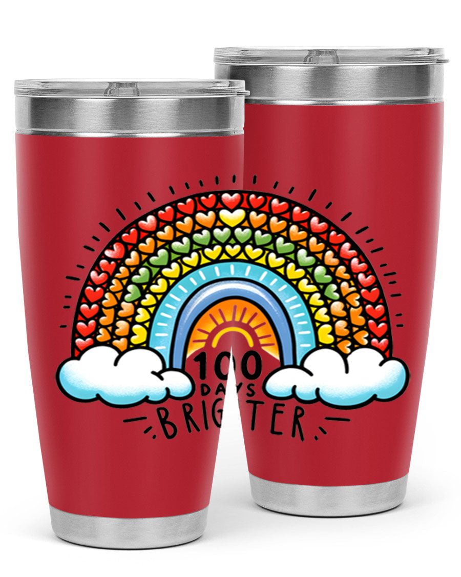 100 Days Brighter PNG tumbler featuring a vibrant design, made from double wall vacuum stainless steel, available in 20oz and 30oz sizes.