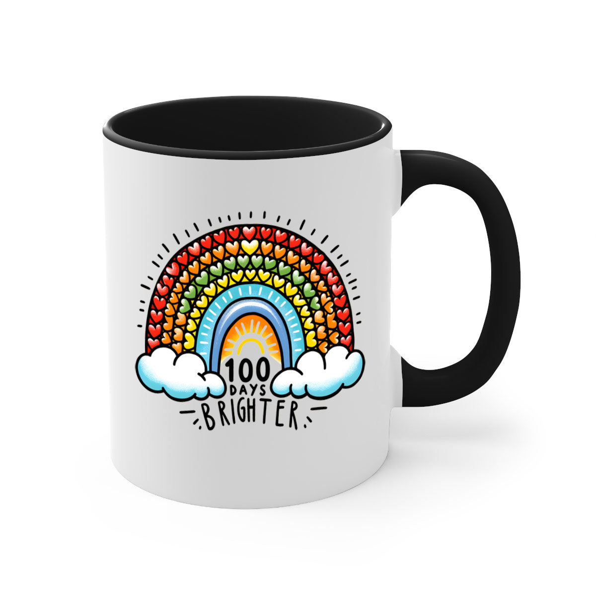 A vibrant two-tone 100 Days Brighter Mug with a colored handle and glossy finish, available in multiple colors.