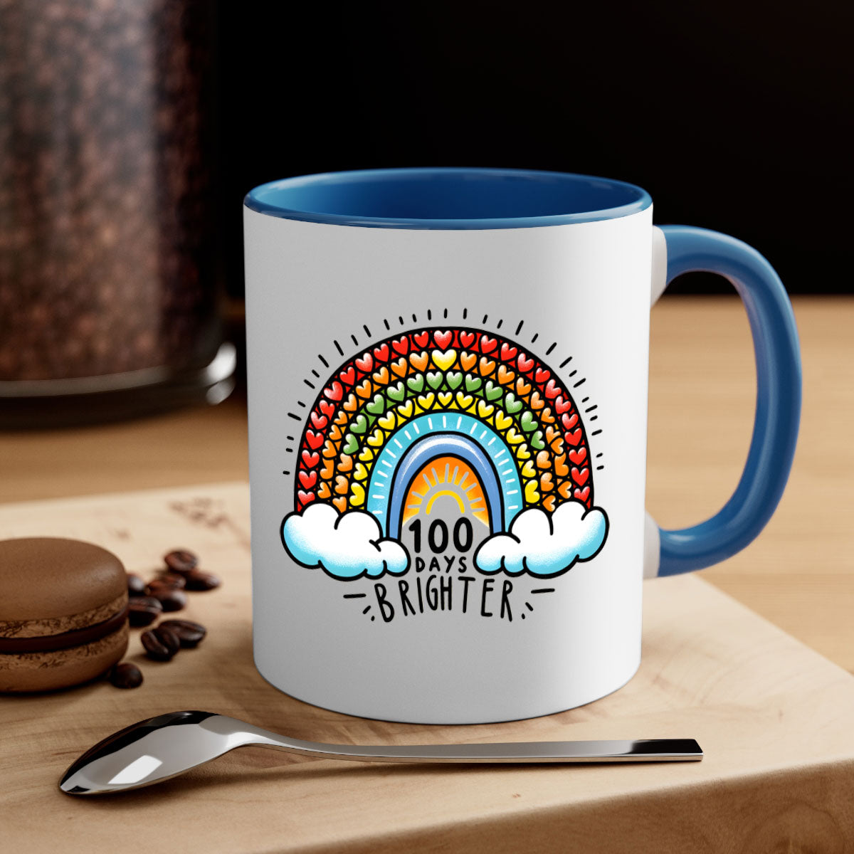 A vibrant two-tone 100 Days Brighter Mug with a colored handle and glossy finish, available in multiple colors.