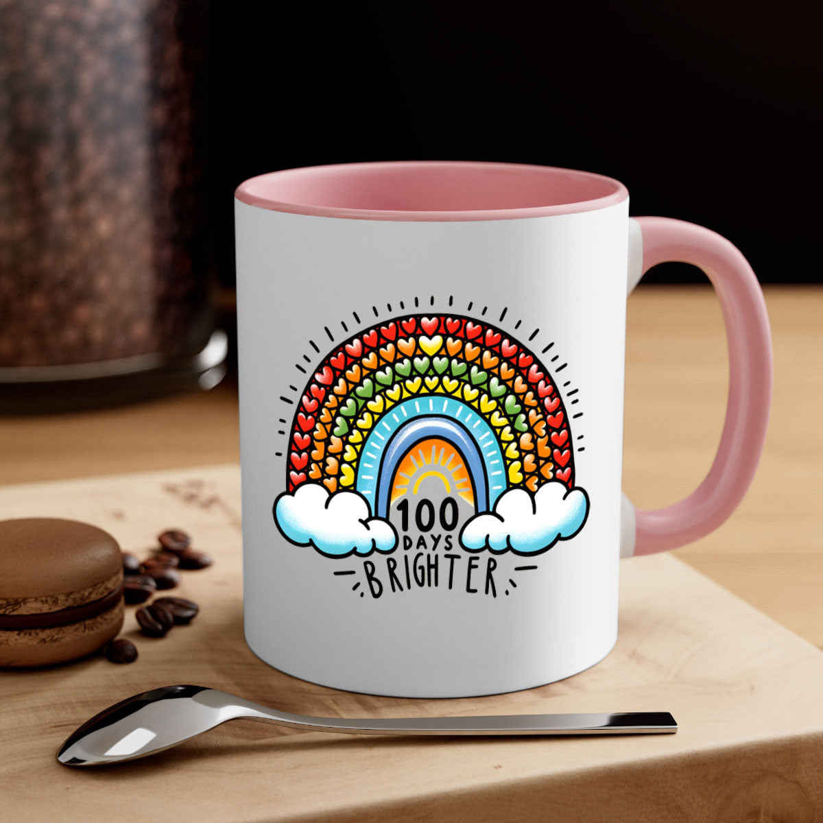 A vibrant two-tone 100 Days Brighter Mug with a colored handle and glossy finish, available in multiple colors.