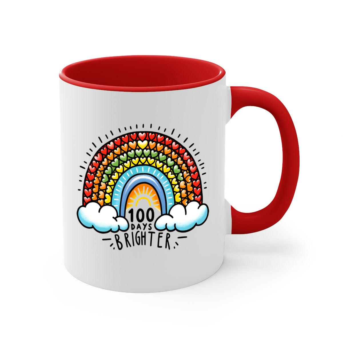 A vibrant two-tone 100 Days Brighter Mug with a colored handle and glossy finish, available in multiple colors.
