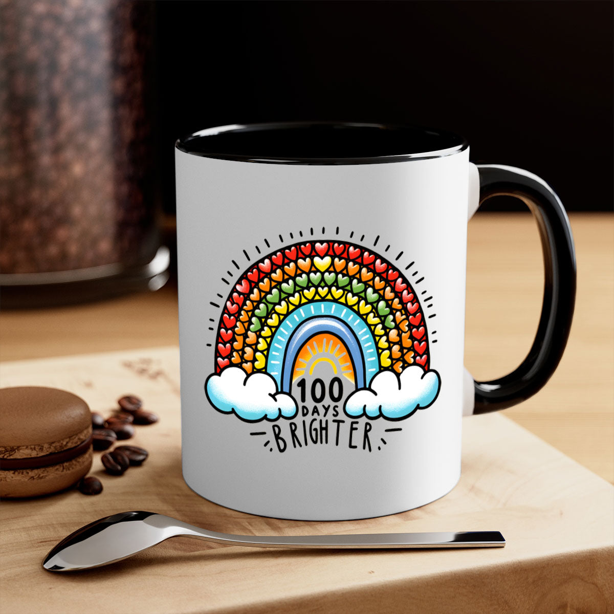 A vibrant two-tone 100 Days Brighter Mug with a colored handle and glossy finish, available in multiple colors.