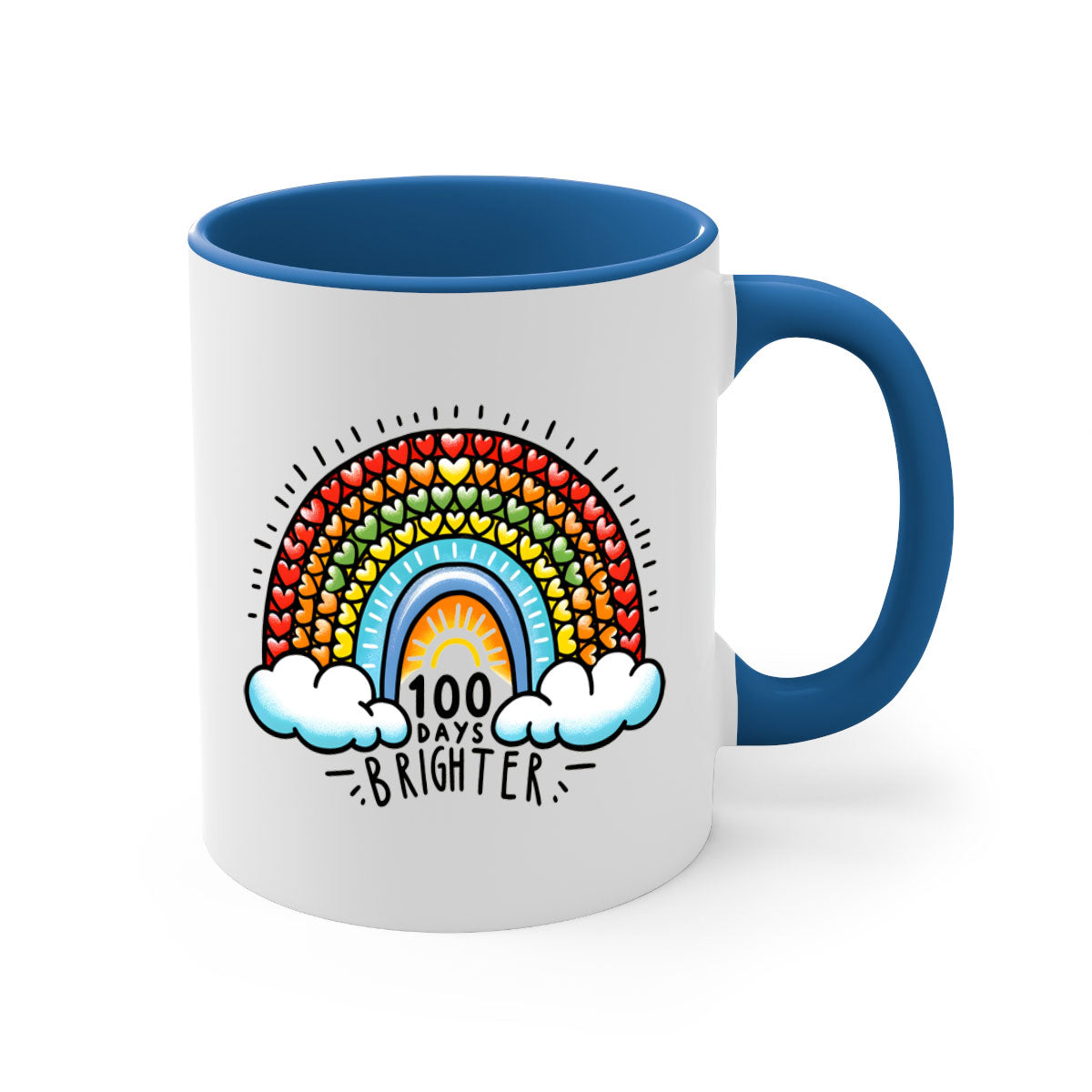 A vibrant two-tone 100 Days Brighter Mug with a colored handle and glossy finish, available in multiple colors.